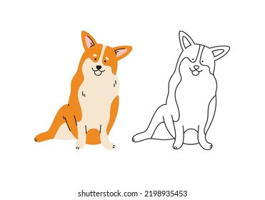 Cute corgi dog vector cartoon illustration. Hand-drawn dog in contemporary flat style, and line art. Cartoon animal, pet. The dog is sitting.