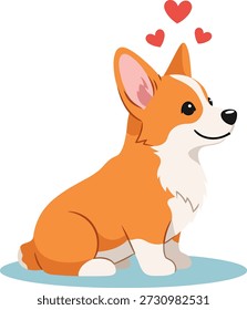 Linda Ilustración vectorial de perro Corgi sentado feliz con corazones rojos flotando por encima de su cabeza. Diseño de dibujos animados aislados perfecto para temas de mascotas o Valentin