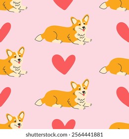 Cute corgi dog vector seamless pattern on pink background, with valentine heart shapes, cartoon flat style. Wallpaper, digital paper, fabric print illustration design.