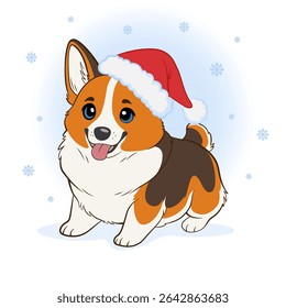 Cute Corgi dog wearing a Christmas hat surrounded by snowflakes. Blank for your design, Christmas card, logo, avatar or children's clothing. Vector illustration.