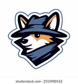 cute corgi dog wearing a detective hat illustration, mascot portrait sticker