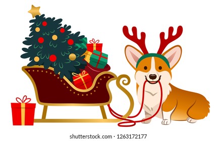 Cute corgi dog wearing reindeer antlers sitting next to Santa's sleigh with brightly decorated Christmas tree and sack of colorful gifts. Pet lovers, animals, dogs, Christmas, winter holiday theme.