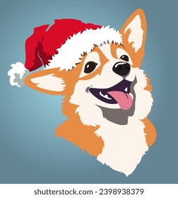 Cute corgi dog wearing a Santa hat. Colorful vector illustration of Welsh Corgi head in cartoon style on blue background. X-mas and New Year card