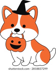 Cute corgi dog wearing a witch hat holding a pumpkin bucket