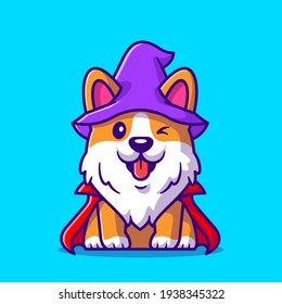 Cute Corgi Dog Wizard Cartoon Vector Icon Illustration. Animal Holiday Icon Concept Isolated Premium Vector. Flat Cartoon Style.