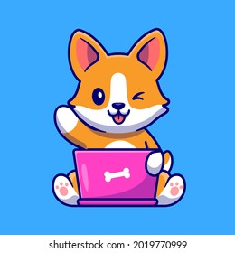 Cute Corgi Dog Working On Laptop Cartoon Vector Icon Illustration. Animal Technlogy Icon Concept Isolated Premium Vector. Flat Cartoon Style