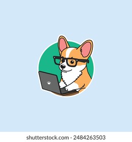 Cute corgi dog working on a laptop, vector illustration