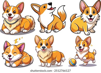 Cute Corgi Dogs in Various Poses: Playful, Relaxing, Running, and More. Adorable Puppy Emotions and Pedigree Pet Vector Set