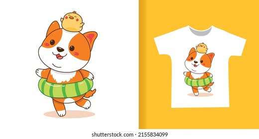 süße Korgi und Ente mit Schwimmring Cartoon für T-Shirt.