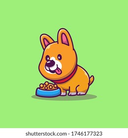 Cute Corgi Eating Dog Food Cartoon Vector Icon Illustration. Animal Icon Concept Isolated Premium Vector. Flat Cartoon Style 