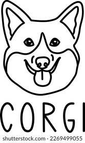 Cara de corgi. Icono de cabeza de perro. Ilustración vectorial aislada dibujada a mano en estilo doodle sobre fondo blanco