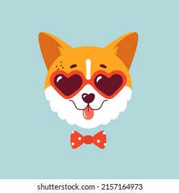 Cute corgi face with heart shaped sunglasses and bow tie. Vector print isolated on clean background. Funny dog illustration for valentines day card, poster or stylish t-shirt design.