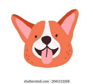 Cute corgi face with tongue out. Funny dogs head. Happy canine animal portrait. Adorable smiley pets muzzle. Sweet joyful puppy avatar. Flat vector illustration isolated on white background