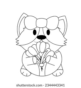 Cute Corgi with flower snowdrop in black and white