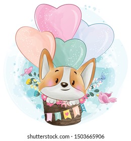 Cute corgi flying with air balloon