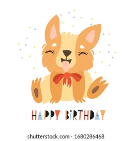 cute corgi, funny dog. background with hearts. happy Birthday
