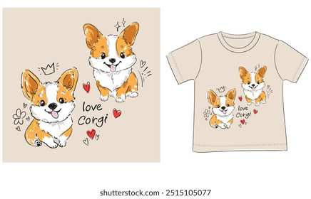 Lindo Corgi dibujado a mano ilustración Vector, niños Imprimir camiseta