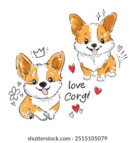 Vector de ilustración dibujado a mano lindo de Corgi, impresión de los niños 