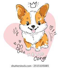 Vector de ilustración dibujado a mano lindo de Corgi, impresión de los niños 