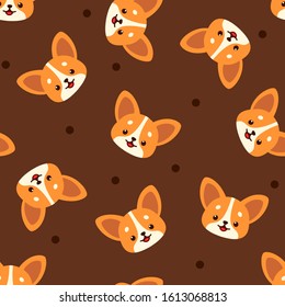 Cute corgi happy face and dots. Seamless vector pattern