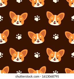 Cute corgi happy face and paw. Seamless vector pattern