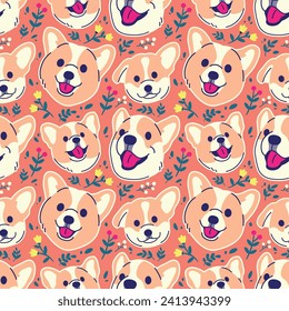 CUTE CORGI HEAD WITH FLORAL SEAMLESS PATTERN