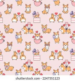 Cute corgi and heart. Seamless pattern for Valentine  Day. Printing on fabric and wrapping paper.