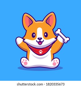 Cute Corgi Holding Bone Cartoon Vector Icon Illustration. Animal Food Icon Concept Isolated Premium Vector. Flat Cartoon Style