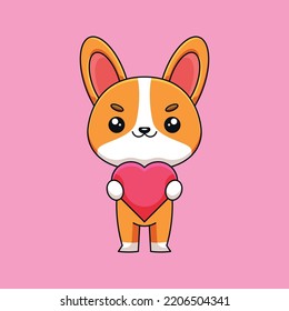 lindo corgi sujetando el corazón de amor caricatura doodle dibujo a mano concepto vector kawaii ilustración de icono