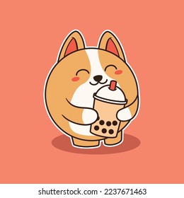 Cute Corgi Hugging Bubble Tea Vector Illustration