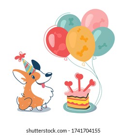 Cute Corgi on his birthday. Dog with his tongue sticking out, in a festive cap. Party with cake and balls. Welshkorgi in cartoon style. Dog isolated on white, vector illustration.