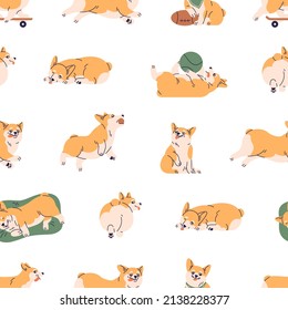 Cute corgi pattern. Seamless background with repeating funny dogs print. Endless repeatable backdrop, texture design with amusing doggies, puppies for decoration. Colored flat vector illustration