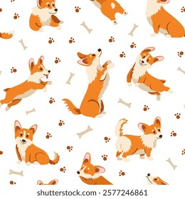 Cute corgi pattern. Seamless print of funny cartoon dogs, adorable puppy background for wrapping paper, fabric, wallpaper, textile design. Vector corgi doggy texture.