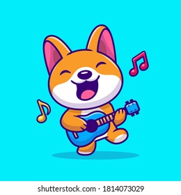 Cute Corgi Playing Guitar Cartoon Vector Icon Illustration. Animal Music Icon Concept Isolated Premium Vector. Flat Cartoon Style