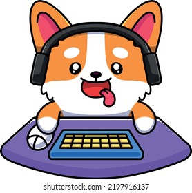 Cute corgi playing video games - cartoon character - vector illustration
