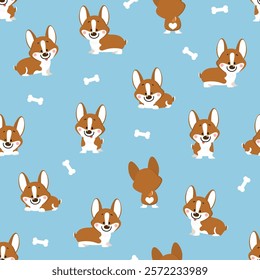 Cute corgi puppy dog cartoon character seamless pattern and background. Kawaii friendly pet animal wallpaper. -vector