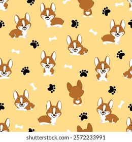 Cute corgi puppy dog cartoon character seamless pattern and background. Kawaii friendly pet animal wallpaper. -vector