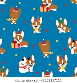 Cute corgi puppy and dog in winter costume seamless pattern and wallpaper. Christmas holidays background. Animal cartoon characters. -Vector