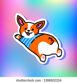 Cute corgi puppy with donut and hot dog. Welsh Corgi in a T-shirt. Cool trendy stickers Isolated on holographic background.