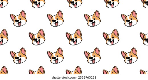 Cute corgi cachorrinho rosto desenho animado padrão sem costura, ilustração vetorial