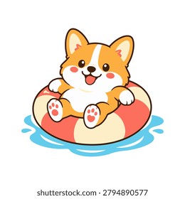 Cute corgi puppy floating on swim ring in blue water, happy summer dog cartoon mascot vector illustration isolated on white background