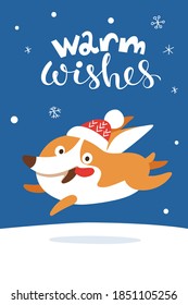 Cute corgi puppy and Warm wishes lettering. Christmas card with cute corgi dog in Christmas hat. Merry Christmas greeting poster with cute cartoon corgi dog. 