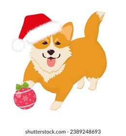 Cute corgi puppy wearing a Santa Claus hat.  Vector illustration.  Handmade illustration, not AI