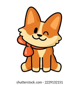Cute Corgi with a red bow around his neck puppy sticker. Flat vector illustration. Fox like dog cartoon character. Pet and mascot concept