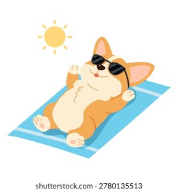 Cute Corgi Relaxing on Beach Towel Summer Sunbathing. Flat Cartoon Vector Illustration Isolated on White Background.