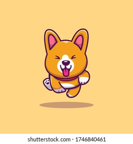 Cute Corgi Running Cartoon Vector Icon Illustration. Animal Icon Concept Isolated Premium Vector. Flat Cartoon Style 