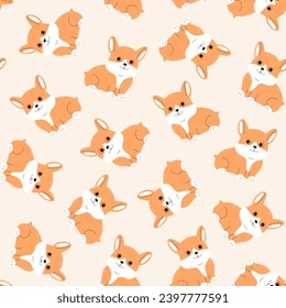 Patrón de corgi suave. Cachorro sobre fondo beige. Ilustración vectorial con perro bebé gracioso. Diseño textil infantil.