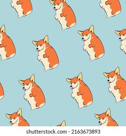 Cute corgi seamless pattern. Suitable for fabric, clothing, wallpaper and paper. Funny doggie is liked by children.