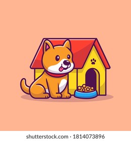 Cute Corgi Sitting Beside Dog Cage Cartoon Vector Icon Illustration. Animal Love Icon Concept Isolated Premium Vector. Flat Cartoon Style