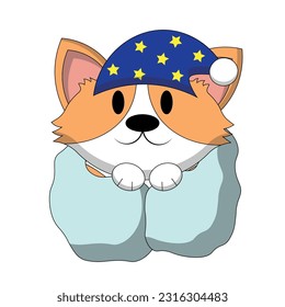 Cute Corgi with sleep hat and blanket in color